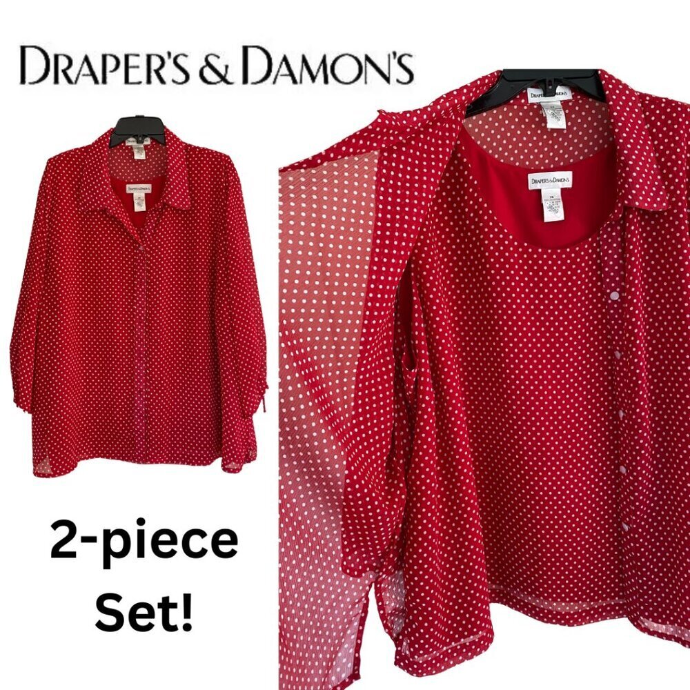 Draper’s & Damon’s, Two-piece Polka‎ Dot Long Sleeve Blouse Set, Red, White